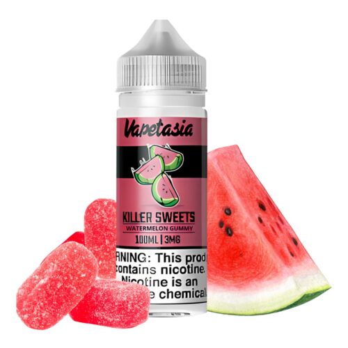 Liquido base libre, categoria Frutal, marca VAPETASIA, sabor Killer Sweets Watermelon Gummy, descripcion: Gomitas de Sandia 0mg, 3mg y 6mg, presentacion: 100ML, tienda de vapeo onlie Freesmokevape.