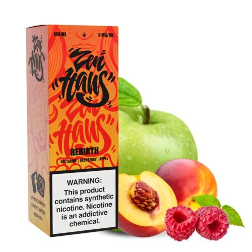 Liquido base libre, categoria Frutal, marca ZEN HAUS, sabor Rebirth, descripcion: Manzana Verde, Frambuesa, Melocotón 0mg, 3mg y 6mg , presentacion: 60ML, tienda de vapeo onlie Freesmokevape.