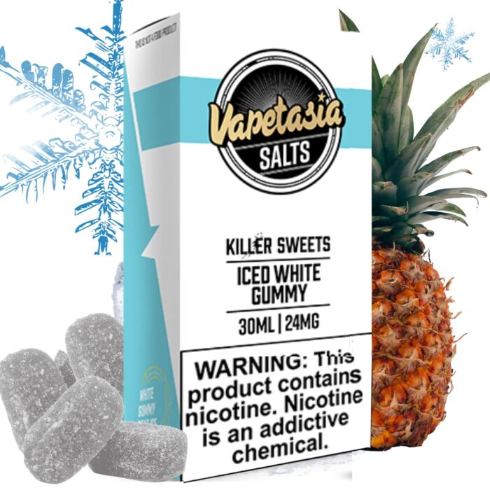 Liquido sales de nicotina, categoria Frio, marca VAPETASIA, sabor Iced White Gummy, descripcion: Gomitas de Piña, Iced 24mg y 48mg,