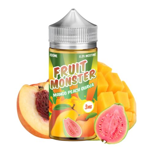 Liquido base libre, categoria Frutal, marca MONSTER LABS, sabor Fruit Mango Peach Guava, descripcion: Mango, Durazno, Guayaba 0mg, 3mg y 6mg, presentacion: 100ML, tienda de vapeo onlie Freesmokevape.