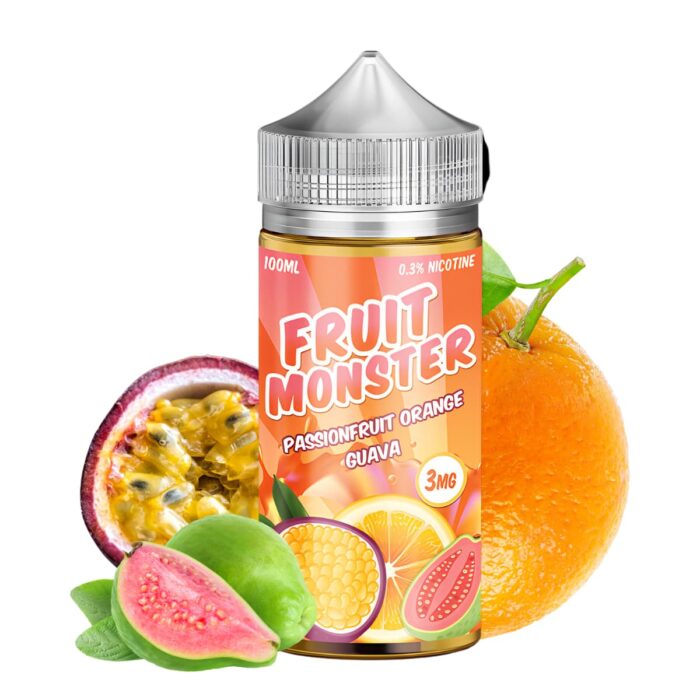 Liquido base libre, categoria Frutal, marca MONSTER LABS, sabor Fruit Monster Passionfruit Orange Guava, descripcion: Maracuyá, Naranja, Guayaba 0mg, 3mg y 6mg, presentacion: 100ML, tienda de vapeo onlie Freesmokevape.