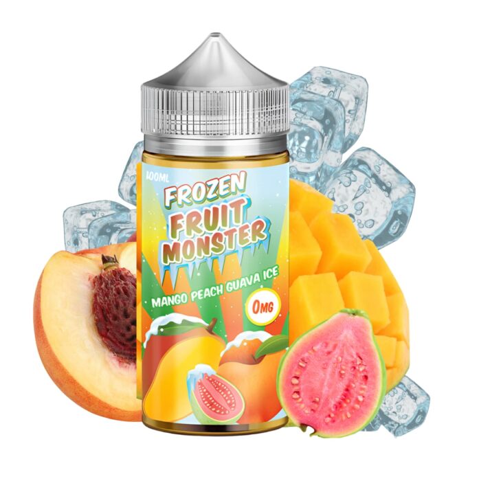 Liquido base libre, categoria Frio, marca MONSTER LABS, sabor Frozen Fruit Monster Mango Peach Guava, descripcion: Mango, Durazno, Guayaba, Frozen 0mg, 3mg y 6mg, presentacion: 100ML, tienda de vapeo onlie Freesmokevape.