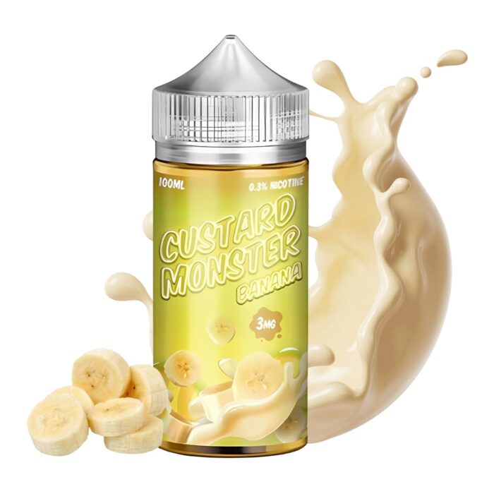 Liquido base libre, categoria Postre, marca MONSTER LABS, sabor Custard Monster Banana, descripcion: Banana, Natilla Cremosa 0mg, 3mg y 6mg, presentacion: 100ML, tienda de vapeo onlie Freesmokevape.