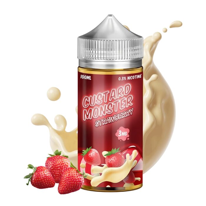 Liquido base libre, categoria Postre, marca MONSTER LABS, sabor Custard Monster Strawberry, descripcion: Fresas, Natilla Cremosa 0mg, 3mg y 6mg, presentacion: 100ML, tienda de vapeo onlie Freesmokevape.