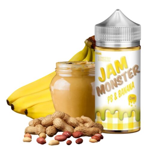 Liquido base libre, categoria Postre, marca MONSTER LABS, sabor Jam Monster Pb Y Banana, descripcion: Mantequilla de Maní, Banana 0mg, 3mg y 6mg, presentacion: 100ML, tienda de vapeo onlie Freesmokevape.