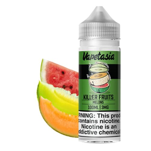 Liquido base libre, categoria Frutal, marca VAPETASIA, sabor Killer Fruit Melons, descripcion: Melón Verde, Melón Dulce, Sandia 0mg, 3mg y 6mg, presentacion: 100ML, tienda de vapeo onlie Freesmokevape.