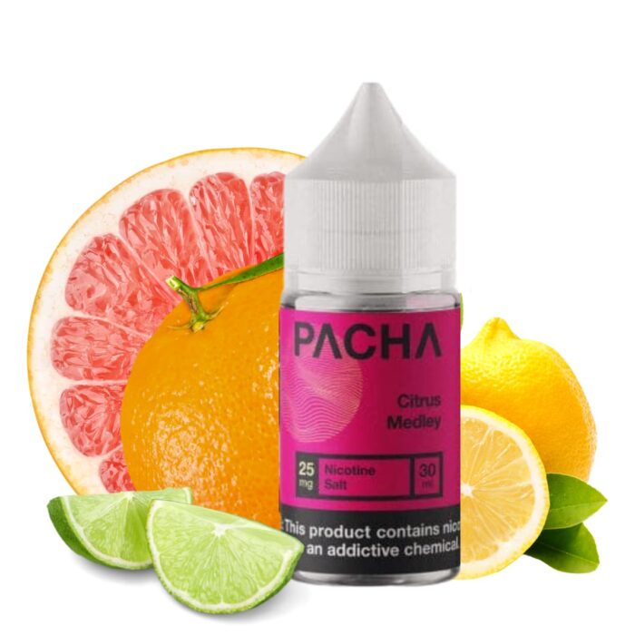 Liquido sales de nicotina, categoria Frutal, marca PACHA, sabor Citrus Medley, descripcion: Limón, Lima, Naranja, Toronja 25mg y 50mg, presentacion: 30ML, tienda de vapeo onlie Freesmokevape.