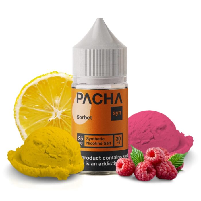 Liquido sales de nicotina, categoria Frutal, marca PACHA, sabor Sorbet, descripcion: Helado De Frambuesa. Limón 25mg y 50mg, presentacion: 30ML, tienda de vapeo onlie Freesmokevape.