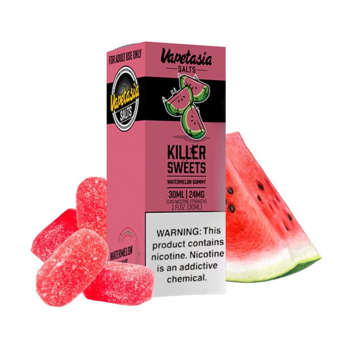 Liquido sales de nicotina, categoria Frutal, marca VAPETASIA, sabor Killer Sweets Watermelon Gummy, descripcion: Gomitas de Sandia 24mg y 48mg, presentacion: 30ML, tienda de vapeo onlie Freesmokevape.