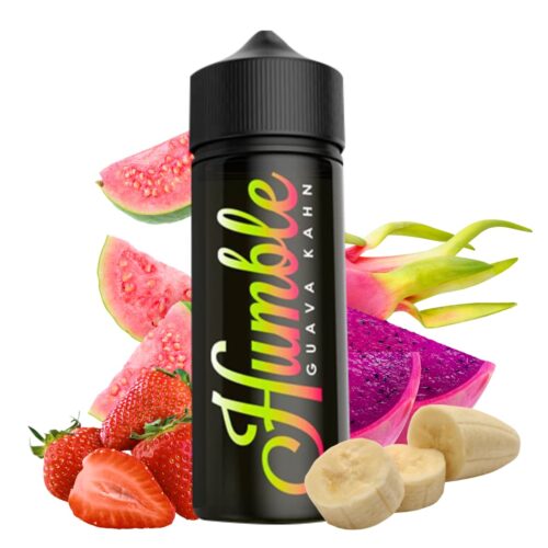 Liquido base libre, categoria Frutal, marca HUMBLE JUICE CO., sabor Guava Kahn, descripcion: Guayaba, Fresa, Banano y Fruta Del Dragon 0mg, 3mg y 6mg , presentacion: 120ML, tienda de vapeo onlie Freesmokevape.