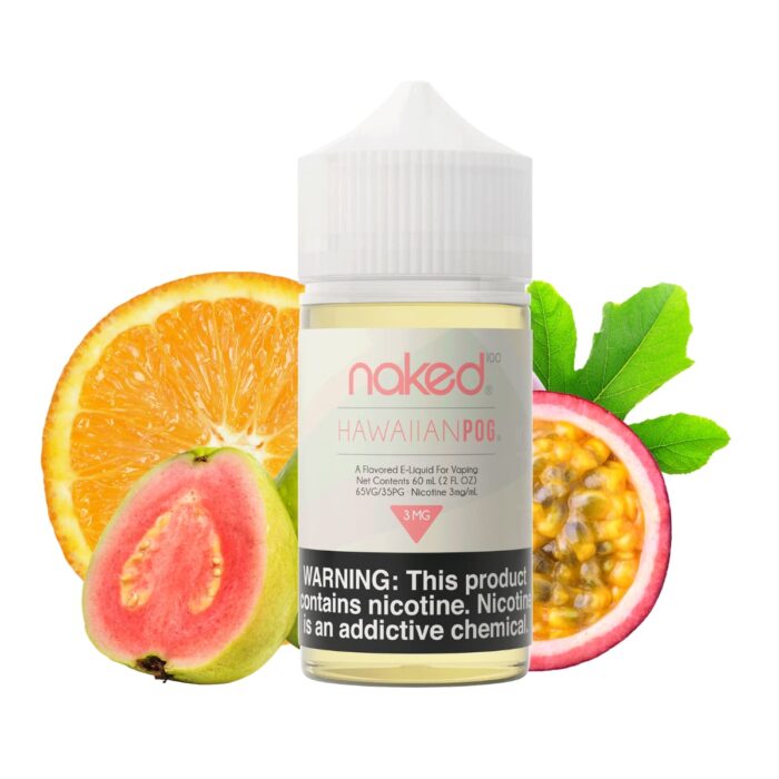 Liquido base libre, categoria Frutal, marca NAKED 100, sabor Hawaiian Pog, descripcion: Maracuyá, Naranja, Guayaba 0mg, 3mg y 6mg, presentacion: 60ML, tienda de vapeo onlie Freesmokevape.