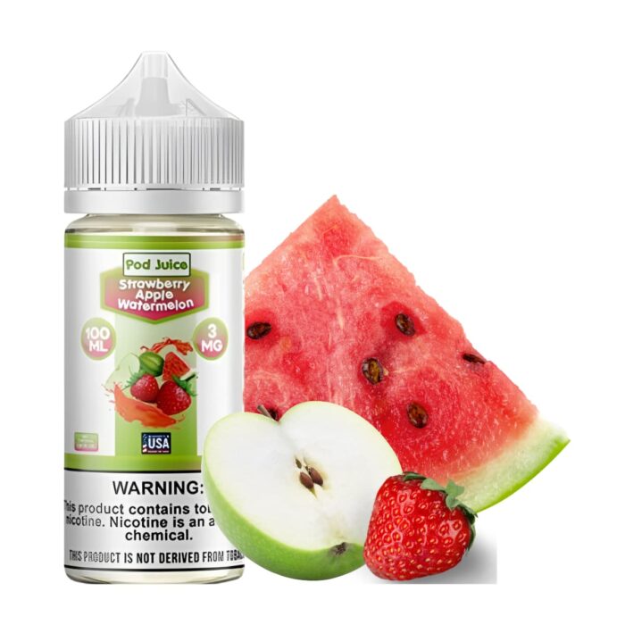 Liquido base libre, categoria Frutal, marca POD JUICE, sabor Strawberry Apple Watermelon, descripcion: Fresa, Manzana Verde, Sandia 0mg, 3mg y 6mg , presentacion: 100ML, tienda de vapeo onlie Freesmokevape.