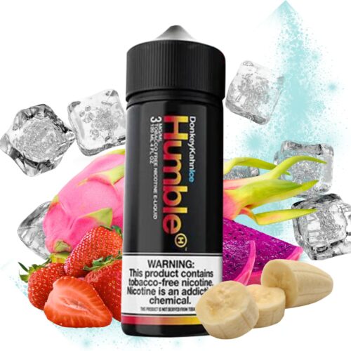 Liquido base libre, categoria Frio, marca HUMBLE JUICE CO., sabor Donkey Kahn Ice, descripcion: Fresa, Banana, Fruta Del Dragon, Ice 0mg, 3mg y 6mg, presentacion: 120ML, tienda de vapeo onlie Freesmokevape.