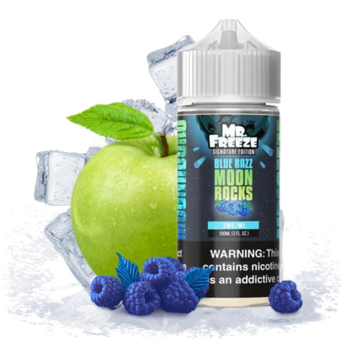 Liquido base libre, categoria Frio, marca MR. FREEZE, sabor Moon Rocks Blue Razz, descripcion: Frambuesa Azul, Manzana Verde, Mentol 0mg, 3mg y 6mg, presentacion: 100ML, tienda de vapeo onlie Freesmokevape.