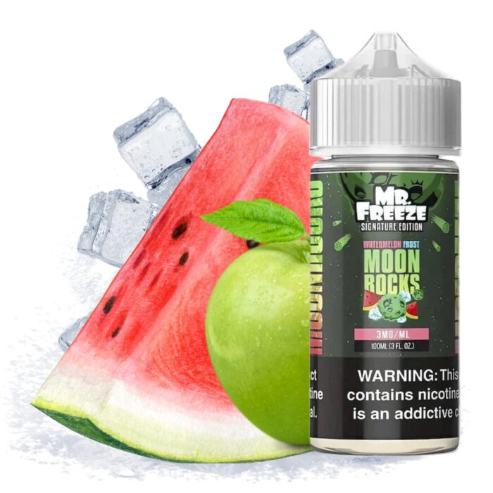 Liquido base libre, categoria Frio, marca MR. FREEZE, sabor Moon Rocks Watermelon Frost, descripcion: Sandia, Manzana Verde, Mentol 0mg, 3mg y 6mg, presentacion: 100ML, tienda de vapeo onlie Freesmokevape.