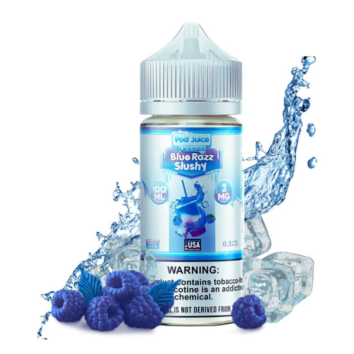 Liquido base libre, categoria Frio, marca POD JUICE, sabor Bebida Blue Razz Slushy Freeze, descripcion: Frambuesa Azul, Freeze 0mg, 3mg y 6mg , presentacion: 100ML, tienda de vapeo onlie Freesmokevape.