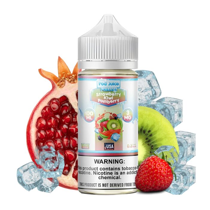 Liquido base libre, categoria Frio, marca POD JUICE, sabor Freeze Strawberry Kiwi Pomberry, descripcion: Fresa, Kiwi, Freeze 0mg, 3mg y 6mg , presentacion: 100ML, tienda de vapeo onlie Freesmokevape.