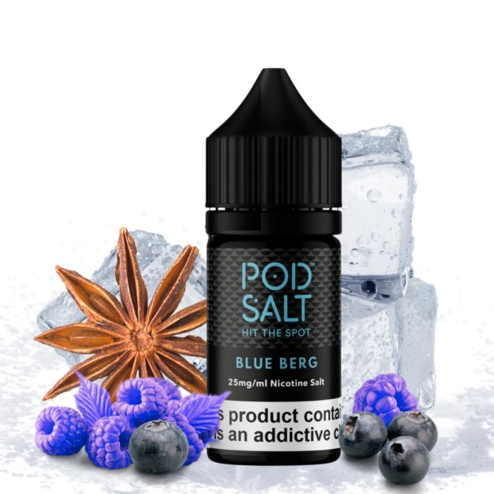 Liquido sales de nicotina, categoria Frio, marca POD SALT HIT THE SPOT, sabor Blue Berg, descripcion: Arándano, Frambuesa, Anís, Ice 25mg y 50mg, presentacion: 30ML, tienda de vapeo onlie Freesmokevape.