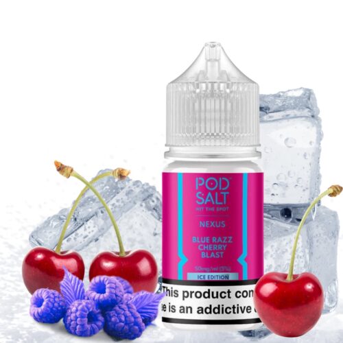 Liquido sales de nicotina, categoria Frio, marca POD SALT HIT THE SPOT, sabor Blue Razz Cherry Blast Ice, descripcion: Frambuesa azul, Cereza, Ice 25mg y 50mg, presentacion: 30ML, tienda de vapeo onlie Freesmokevape.