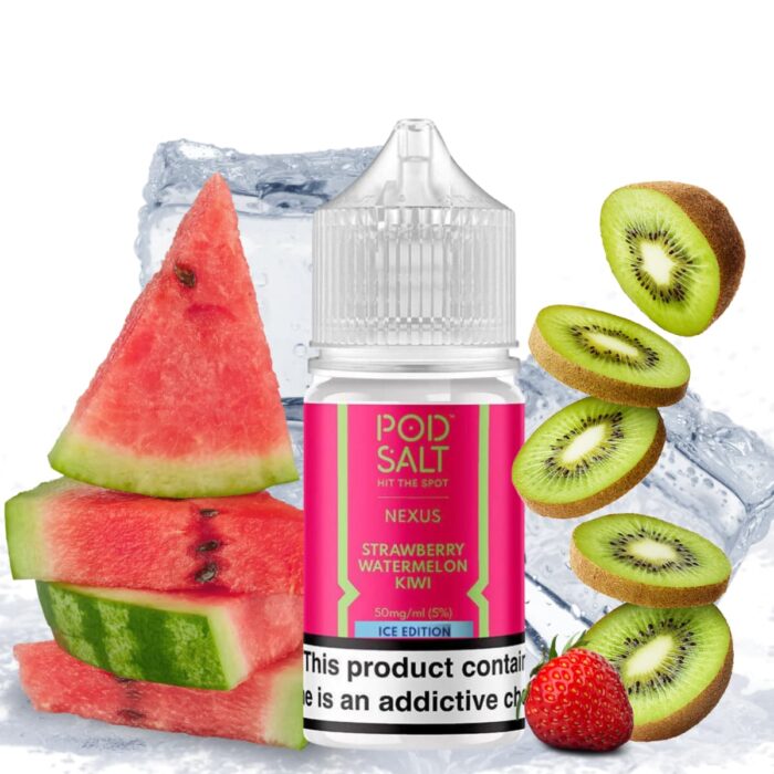 Liquido sales de nicotina, categoria Frio, marca POD SALT HIT THE SPOT, sabor Strawberry Watermelon Kiwi Ice, descripcion: Sandía, Fresas, Kiwi, Ice 25mg y 50mg, presentacion: 30ML, tienda de vapeo onlie Freesmokevape.