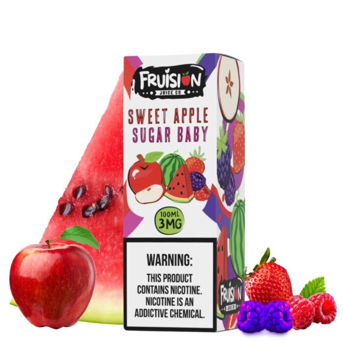 Liquido base libre, categoria Frutal, marca FRUISION, sabor Sweet Apple Sugar Baby, descripcion: Manzana, Sandia, Fresa, Frambuesa azul, Frambuesa Roja 0mg, 3mg y 6mg, presentacion: 100ML, tienda de vapeo onlie Freesmokevape.