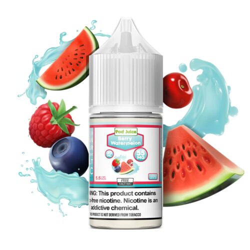 Liquido sales de nicotina, categoria Frutal, marca POD JUICE, sabor Berry Watermelon, descripcion: Sandía, Frambuesa Roja, Arándanos 35mg y 55mg, presentacion: 30ML, tienda de vapeo onlie Freesmokevape.