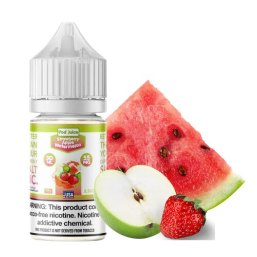 Liquido sales de nicotina, categoria Frutal, marca POD JUICE, sabor Strawberry Apple Watermelon, descripcion: Fresa, Manzana Verde, Sandia 35mg y 55mg, presentacion: 30ML, tienda de vapeo onlie Freesmokevape.