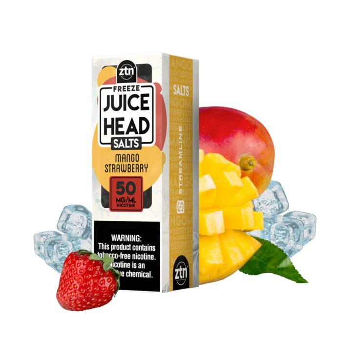 Liquido sales de nicotina, categoria Frio, marca JUICE HEAD, sabor Freeze Mango Strawberry, descripcion: Mango, Fresa, Freeze 25mg, 35mg y 50mg, presentacion: 30ML, tienda de vapeo onlie Freesmokevape.