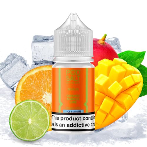 Liquido sales de nicotina, categoria Frio, marca POD SALT HIT THE SPOT, sabor Orange Mango Lime Ice, descripcion: Naranja, Mango, Limón, ice 25mg y 50mg, presentacion: 30ML, tienda de vapeo onlie Freesmokevape.