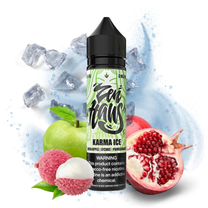 Liquido base libre, categoria Frio, marca ZEN HAUS, sabor Karma Ice, descripcion: Manzana Verde, Lichi, Granada, Ice 0mg, 3mg y 6mg , presentacion: 60ML, tienda de vapeo onlie Freesmokevape.