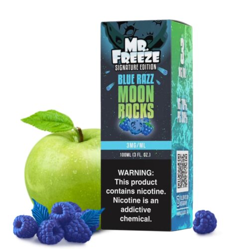 Liquido base libre, categoria Frutal, marca MR. FREEZE, sabor Moon Rocks Blue Razz, descripcion: Manzana Verde, Frambuesa Azul (No Contiene Menta) 0mg, 3mg y 6mg , presentacion: 100ML, tienda de vapeo onlie Freesmokevape.