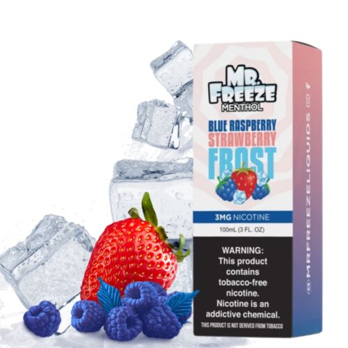 Liquido base libre, categoria Frio, marca MR. FREEZE, sabor Blue Raspberry Strawberry Frost, descripcion: Fresa, Frambuesa Azul, Freeze 0mg, 3mg y 6mg , presentacion: 100ML, tienda de vapeo onlie Freesmokevape.