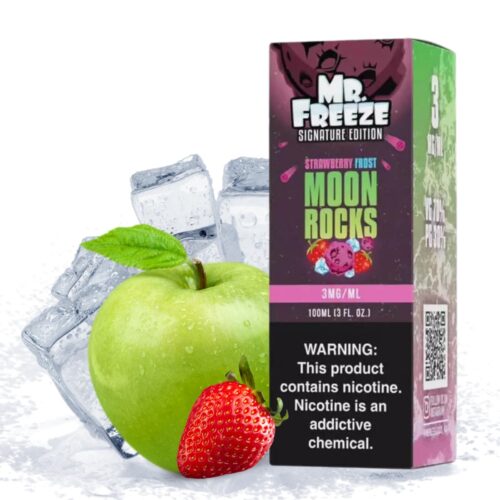 Liquido base libre, categoria Frio, marca MR. FREEZE, sabor Moon Rocks Strawberry Frost, descripcion: Fresa, Manzana Verde, Freeze 0mg, 3mg y 6mg , presentacion: 100ML, tienda de vapeo onlie Freesmokevape.