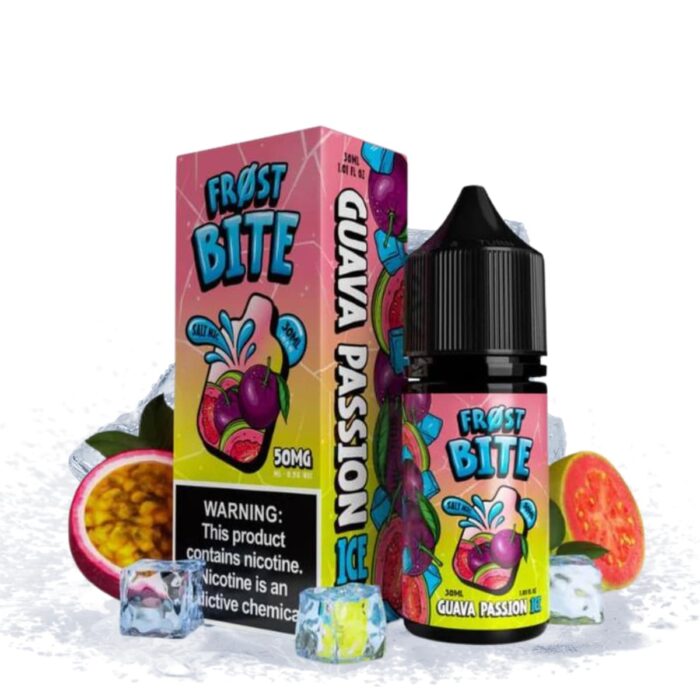 Liquido sales de nicotina, categoria Frio, marca FROST BITE, sabor Guava Pasion Ice, descripcion: Guayaba, Maracuyá, Ice 25mg y 50mg, presentacion: 30ML, tienda de vapeo onlie Freesmokevape.