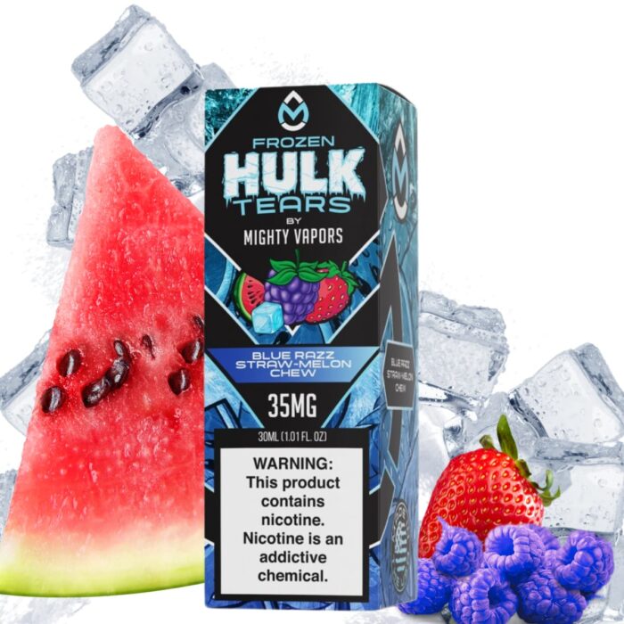 Liquido sales de nicotina, categoria Frio, marca MIGHTY VAPORS, sabor Frozen Hulk Tears Blue razz Straw Melon Chew , descripcion: Frambuesas Azules, Fresa, Sandía, Iced 50mg, presentacion: 30ML, tienda de vapeo onlie Freesmokevape.