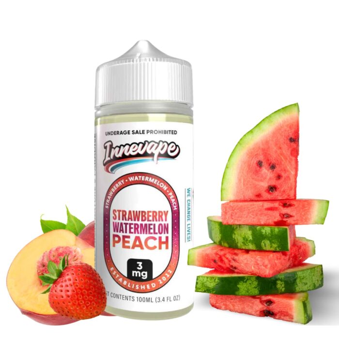 Liquido base libre, categoria Postre, marca INNEVAPE, sabor Strawberry Watermelon Peach, descripcion: Fresa, Durazno, Sandía 0mg, 3mg y 6mg , presentacion: 100ML, tienda de vapeo onlie Freesmokevape.