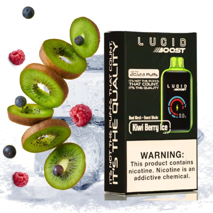 Pod desechable sales de nicotina, categoria Frio, marca LUCID BOOST, sabor Kiwi Berry Ice, descripcion: Kiwi, Arándanos, Frambuesa, Ice 50mg, presentacion: 20123 Puff, tienda de vapeo onlie Freesmokevape.