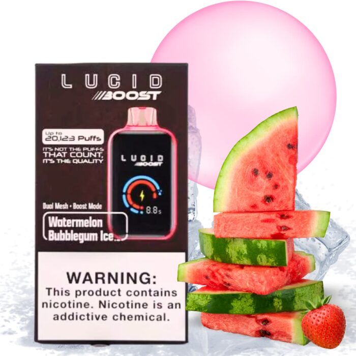 Pod desechable sales de nicotina, categoria Frio, marca LUCID BOOST, sabor Watermelon bubblegum Ice , descripcion: Chicle, Fresa, Sandía, Ice 50mg, presentacion: 20123 Puff, tienda de vapeo onlie Freesmokevape.