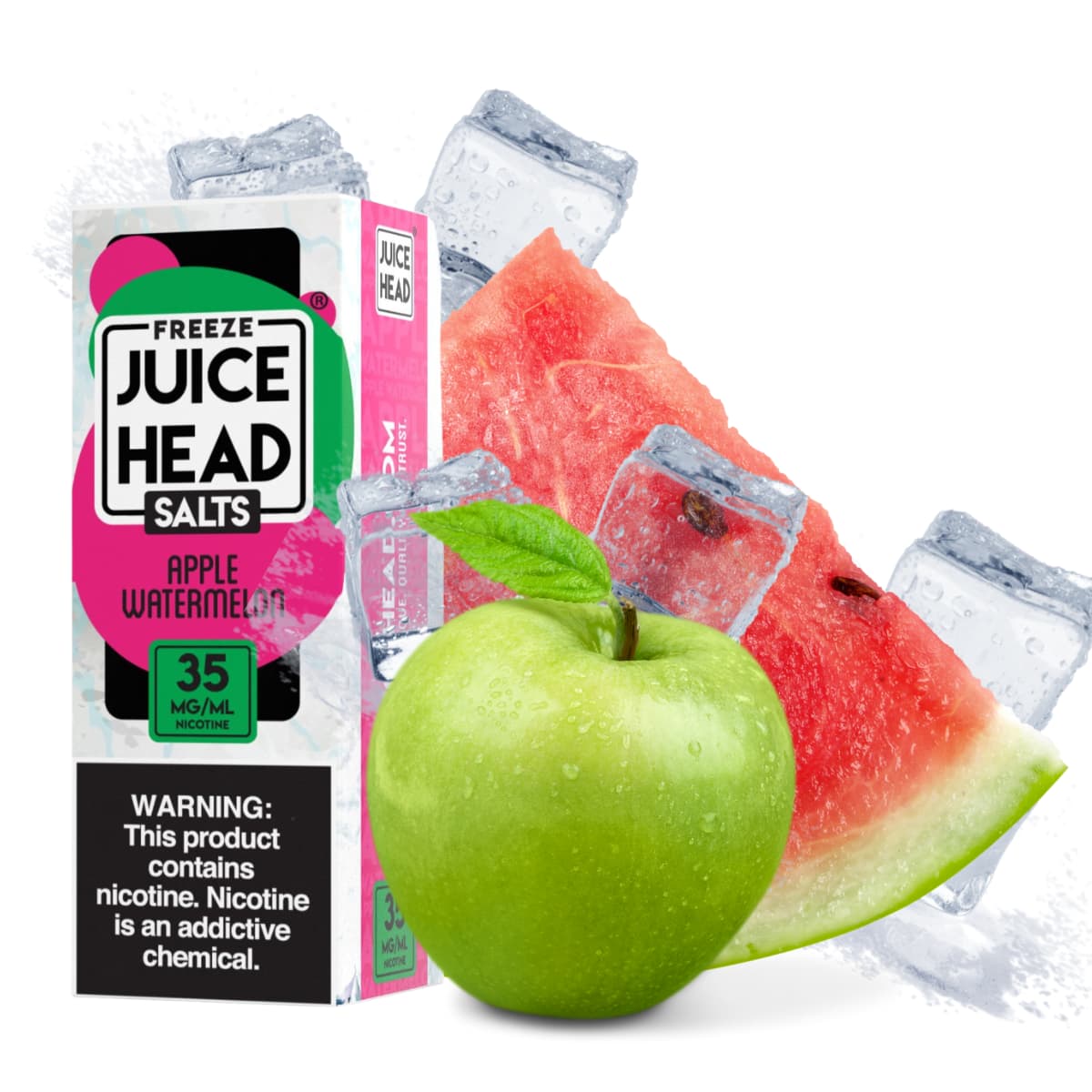 Liquido sales de nicotina, categoria Frio, marca JUICE HEAD, sabor Freeze Apple Watermelon, descripcion: Sandia, Manzana, Freeze 25mg, 35mg y 50mg, presentacion: 30ML, tienda de vapeo onlie Freesmokevape.