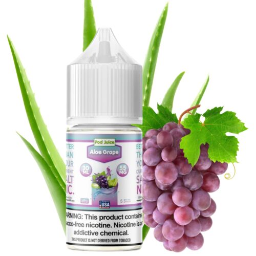 Liquido sales de nicotina, categoria Frutal, marca POD JUICE, sabor Freeze Aloe Grape, descripcion: Aloe, Uva 35mg y 55mg, presentacion: 30ML, tienda de vapeo onlie Freesmokevape.