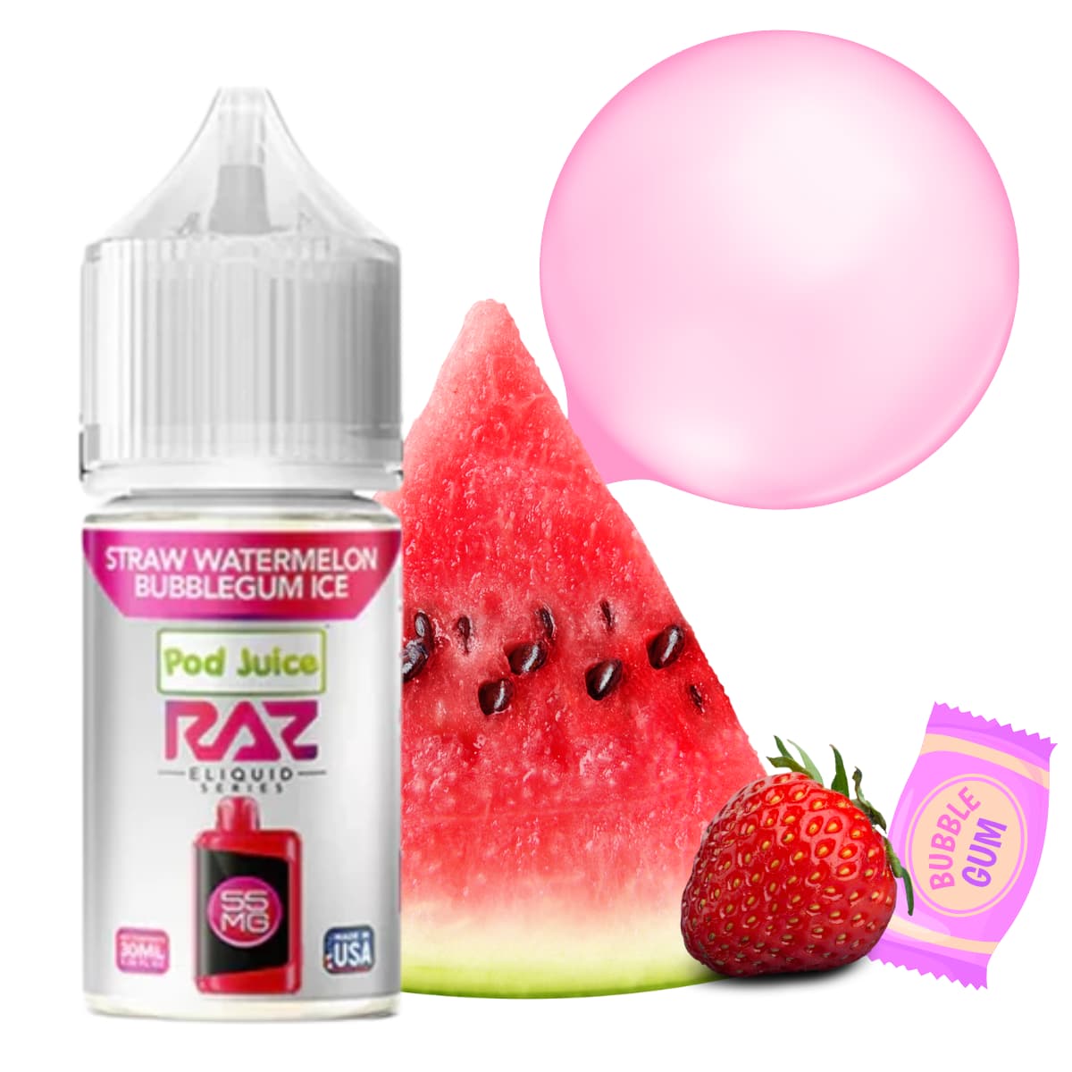 Liquido sales de nicotina, categoria Frio, marca POD JUICE, sabor RAZ Salt Straw Watermelon Bubblegum Ice, descripcion: Chicle, Sandía, Fresa 35mg y 55mg, presentacion: 30ML, tienda de vapeo onlie Freesmokevape.