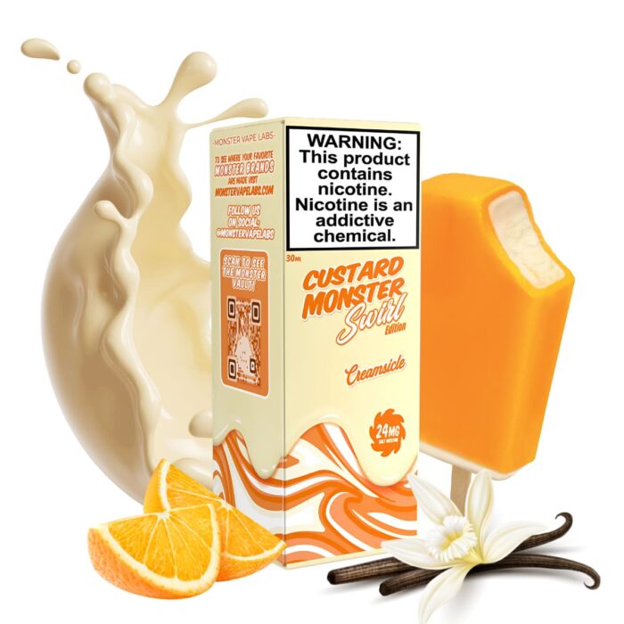Liquido sales de nicotina, categoria Postre, marca MONSTER LABS, sabor Custard Swirl Creamsicle, descripcion: Vainilla, Natilla Cremosa, Helado De Naranja 24mg y 48mg, presentacion: 30ML, tienda de vapeo onlie Freesmokevape.