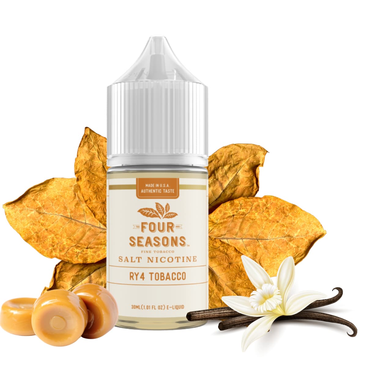 Liquido sales de nicotina, categoria Tabaco, marca FOUR SESONS, sabor RY4, descripcion: Tabaco, Caramelo, Vainilla, 30mg y 50mg, presentacion: 30ML, tienda de vapeo onlie Freesmokevape.