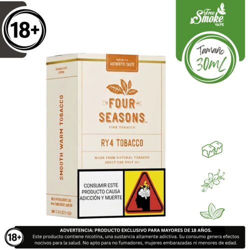 Liquido sales de nicotina, categoria Tabaco, marca FOUR SEASON, sabor Four Seasons RY4, descripcion: Tabaco, Caramelo, Vainilla, 30mg y 50mg, presentacion: 30ML, tienda de vapeo onlie Freesmokevape.