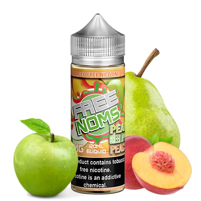Liquido base libre, categoria Frutal, marca FREE NOMS, sabor Pear Green Apple Peach, descripcion: Cereza, Durazno, Pera 0mg, 3mg y 6mg , presentacion: 120ML, tienda de vapeo onlie Freesmokevape.