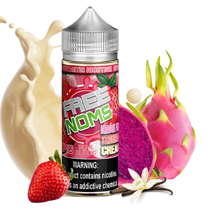Liquido base libre, categoria Postre, marca FREE NOMS, sabor Free Noms Dragon Fruit Strawberry Cream , descripcion: Dragon Fruit, Fresa, Crema 0mg, 3mg y 6mg , presentacion: 120ML, tienda de vapeo onlie Freesmokevape.