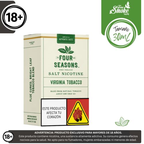 Liquido sales de nicotina, categoria Tabaco, marca FOUR SESONS, sabor Virginia Tobacco , descripcion: Tabaco, Caramelo, Vainilla, 30mg y 50mg, presentacion: 30ML, tienda de vapeo onlie Freesmokevape.
