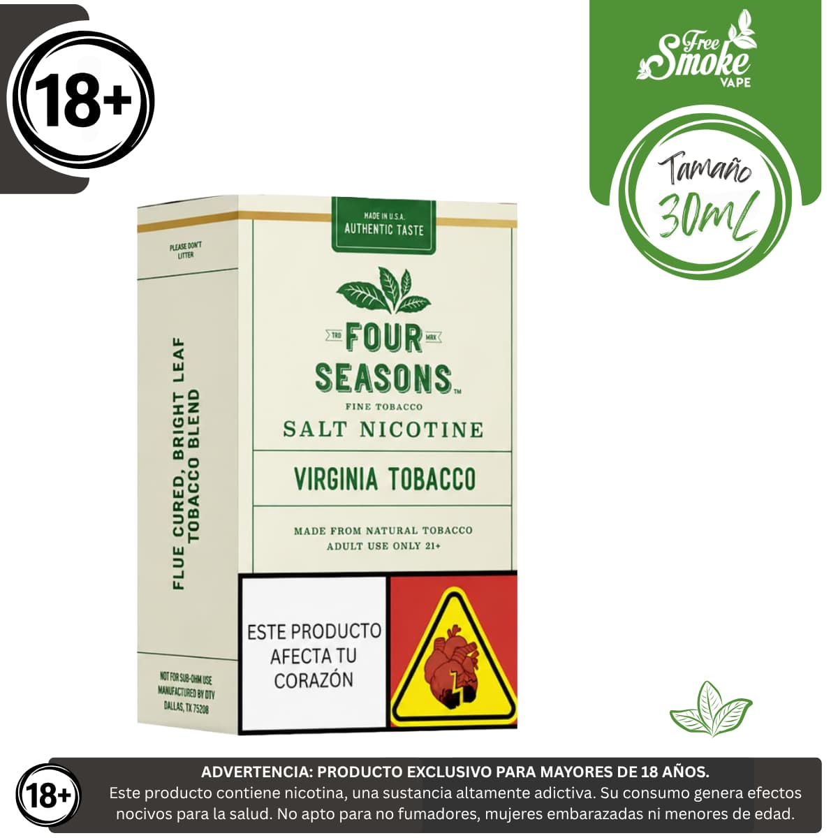 Liquido sales de nicotina, categoria Tabaco, marca FOUR SESONS, sabor Virginia Tobacco , descripcion: Tabaco, Caramelo, Vainilla, 30mg y 50mg, presentacion: 30ML, tienda de vapeo onlie Freesmokevape.
