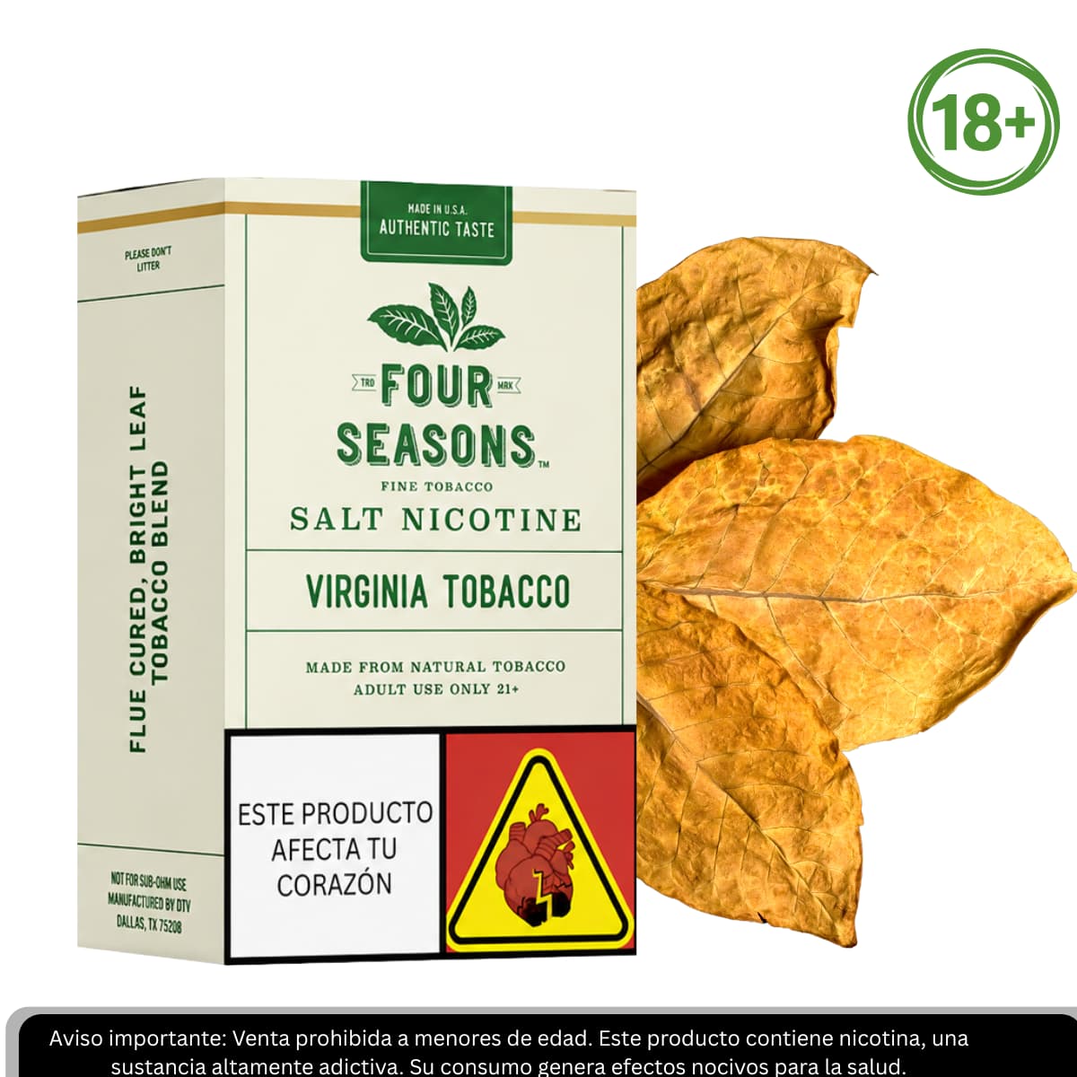 Liquido sales de nicotina, categoria Tabaco, marca FOUR SESONS, sabor Virginia Tobacco , descripcion: Tabaco, Caramelo, Vainilla, 30mg y 50mg, presentacion: 30ML, tienda de vapeo onlie Freesmokevape.