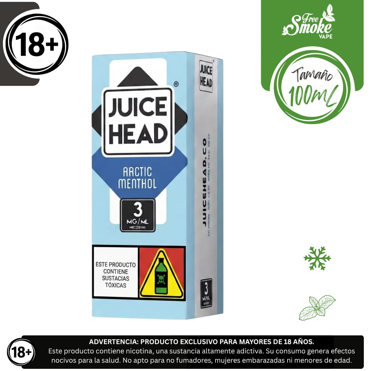 EM-Juice Head-Artic-Menthol-FreeSmokeVape Liquido base libre, categoria Frio, marca JUICE HEAD, sabor Arctic Menthol, descripcion: Mentol 0mg, 3mg y 6mg, presentacion: 100ML, tienda de vapeo onlie Freesmokevape.